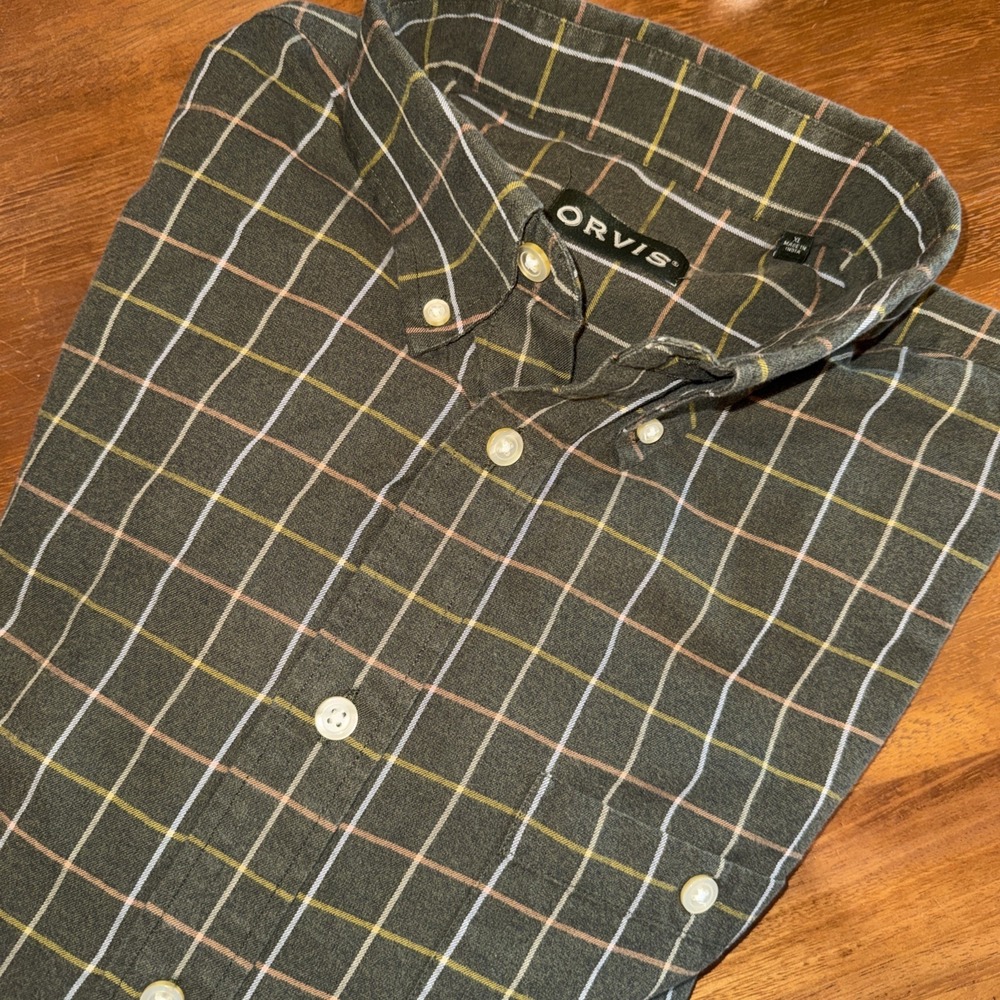 ORVIS Men's Country Twill Brushed Cotton Button Down Olive Green Orange Check XL